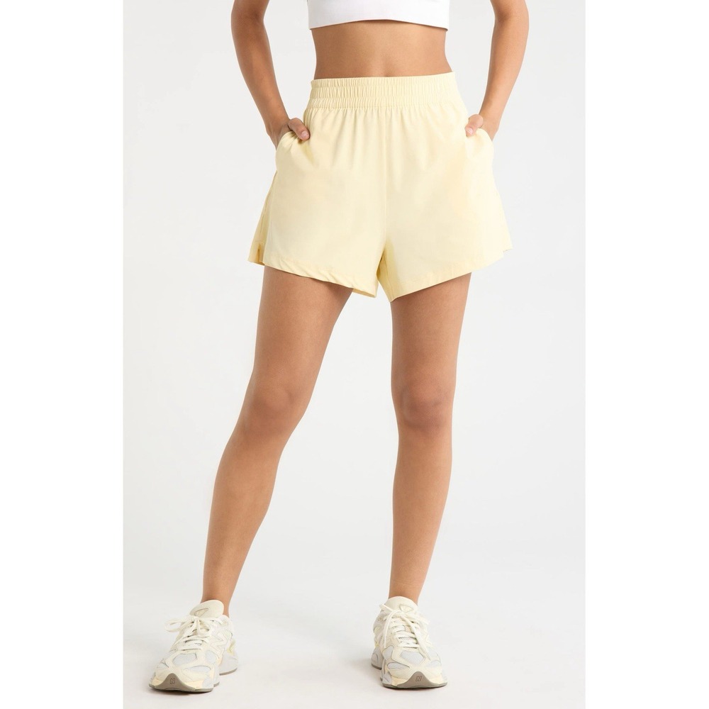 Zella Atlas High Waist Daily Shorts S Yellow Flan Pull On Athletic Pockets